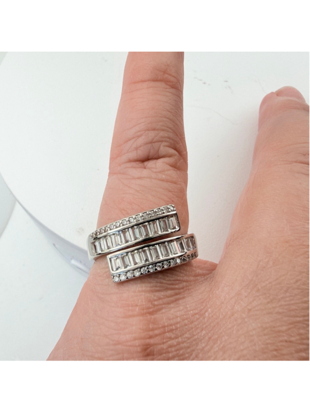 Y2K Baguette CZ Wrap Ring Adjustable Silver Tone Statement Ring Double Band - Picture 4 of 6